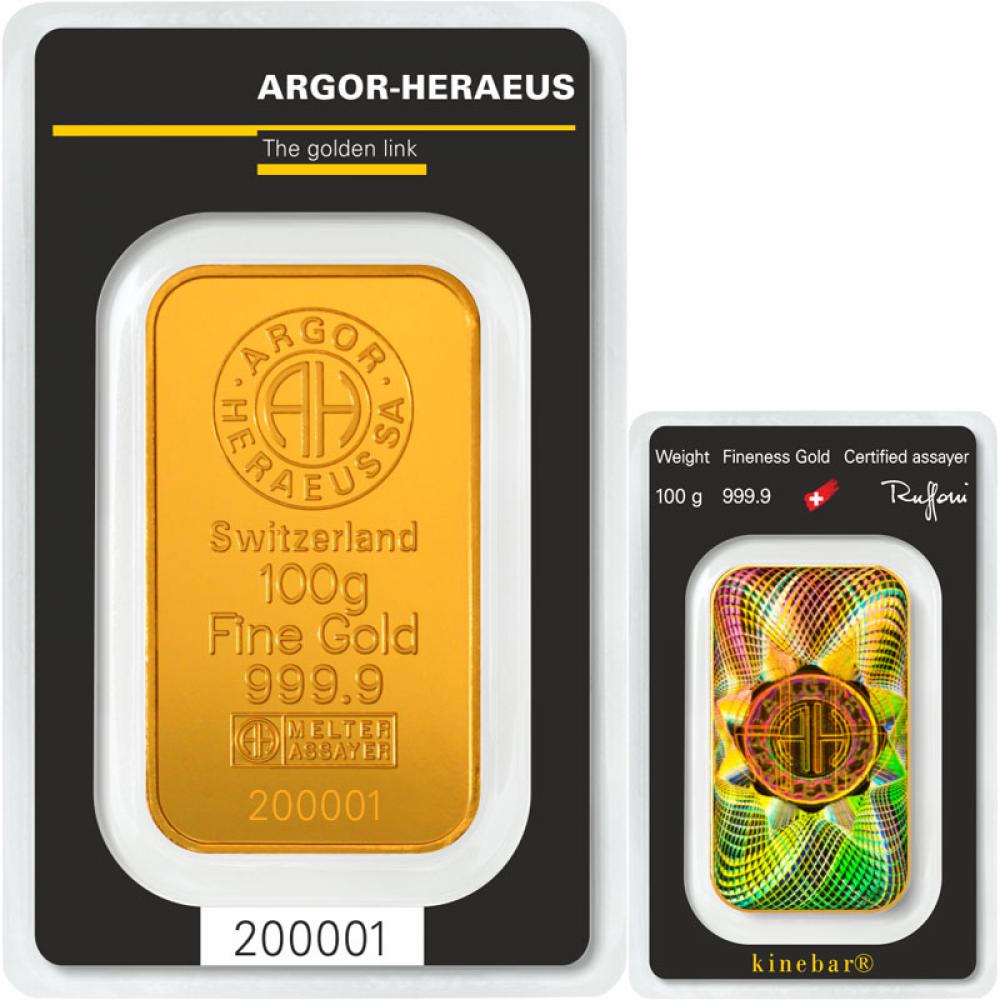 ARGOR Heraeus 100g Goldbarren Kinebar Feingold 999.9